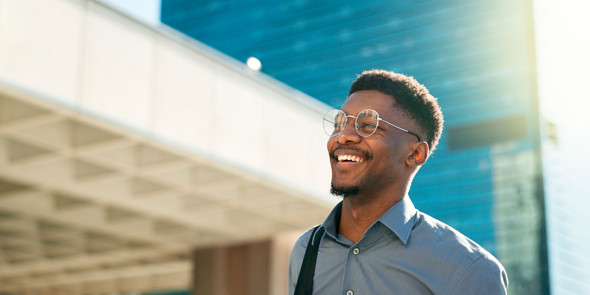 man on city journey, commute trip and realtor smile on way to office building